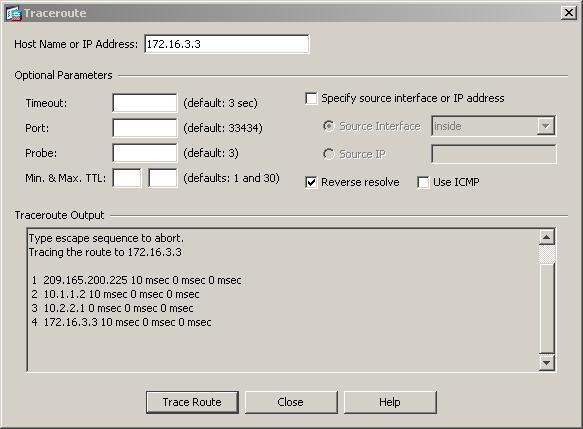 f. From the ASDM Tools menu, select Traceroute and enter the IP address of external host PC-C (172.16.3.3). Click on Trace Route.