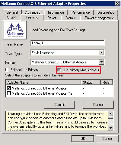 [Optional] Primary MAC Address This option sets the team MAC address