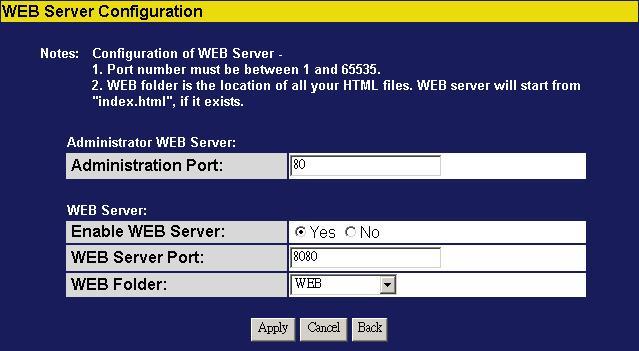 WEB Server Administrator WEB Server: The Administration port is the port for accessing the Web-based management interface. As default, the Port 80 is configured as the Administrator WEB Server Port.