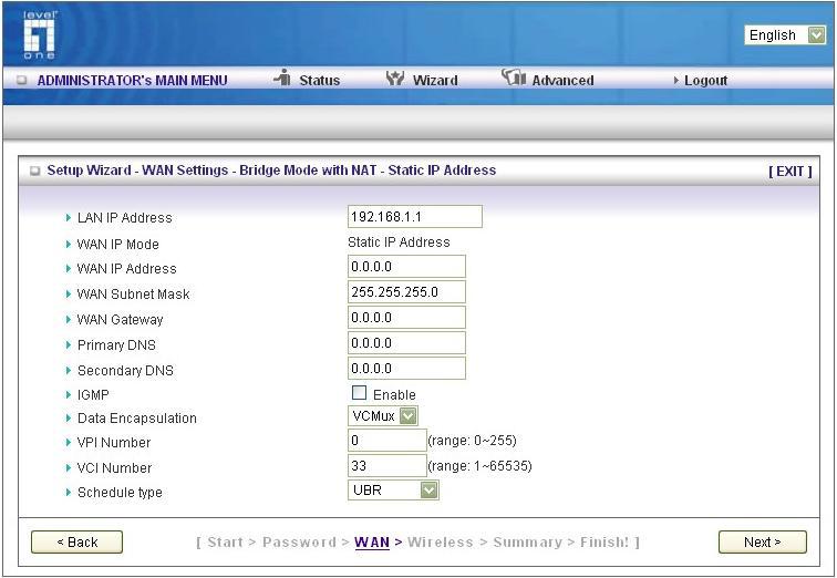 of Bridge mode with NAT- Static IP address, setup the LAN