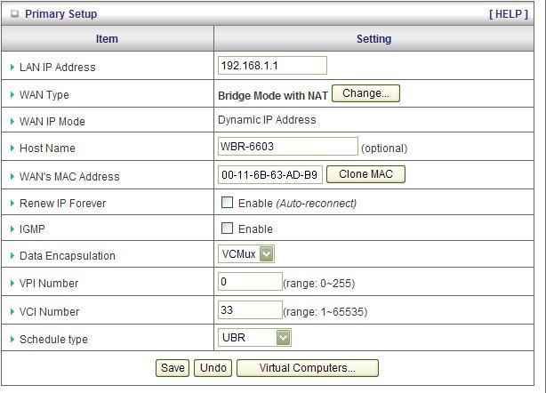Primary Setup This page lets you change the LAN (Local Area Network) settings on your WBR-6603 150Mbps Wireless ADSL2+ Modem