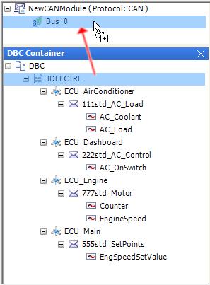 Working with LABCAR-IP ETAS To add the DBC to the bus Select the imported DBC and move it to the bus element keeping the
