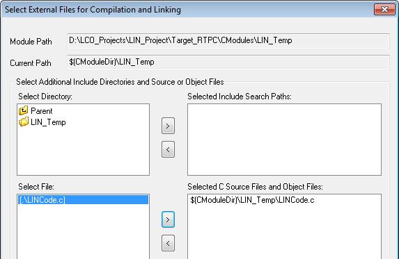 ETAS Working with LABCAR-IP In the Options window, select the "Modules" tab. Select "LINModules" and click Link to External Files. The "Select External Files for Compilation and Linking" window opens.