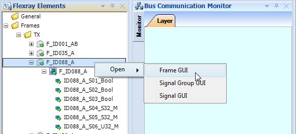 ETAS Working with LABCAR-IP In Flexray Elements, select the frame to which the signals shown in the Bus Communication Monitor belong.