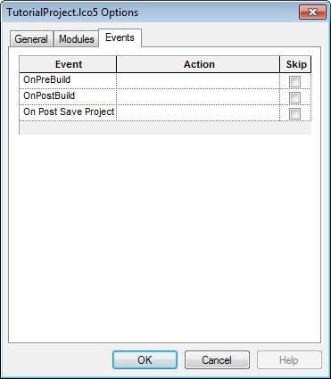 The LABCAR-IP User Interface ETAS 2.7.3 "Events" Tab While a project is running, scripts can be incorporated which are run before or after a build process.