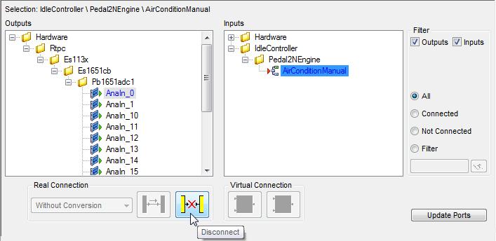 Working with LABCAR-IP ETAS To disconnect connections Select the one of the signals whose connection is to be interrupted. To disconnect click the icon.