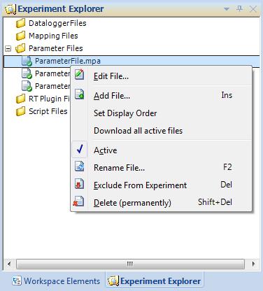 ETAS Experiment Environment - an Overview ETAS Managing Parameter Files Files that contain parameters and assigned values are managed in the "Experiment Explorer" window the shortcut menu contains