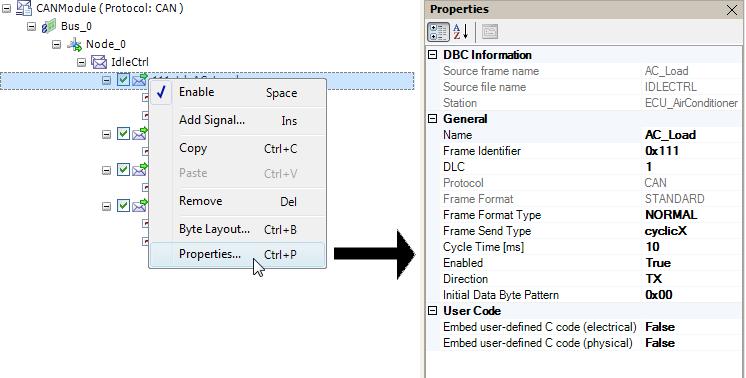 Working with LABCAR-IP ETAS To display properties If the properties are not displayed automatically, proceed as follows: Right-click the element whose properties you want to display.