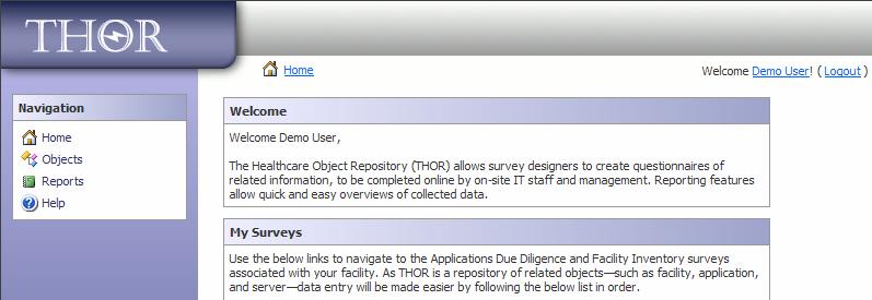 The Welcome web part contains general information describing the THOR tool as it is intended to be used.