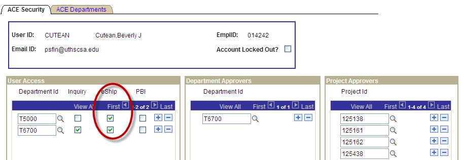 eshipglobal The Access Control Executive (ACE) will go to the Security page within PeopleSoft Financials, HSC Custom Components to authorize security access to eship Global system for a specific user.