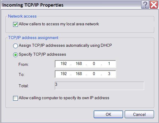 automatically using DHCP>, else choose <Specify TCP/IP addresses> and enter the range of IP addresses