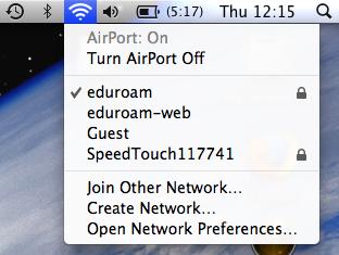 To connect to eduroam ensure that your AirPort wireless card is switched ON 2. To do this click on the AirPort icon in the Finder bar in the top right hand corner of the screen.