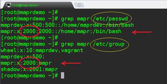 3. Use these commands to find the user ID and group ID for that user. In this example, they are the same (2000), but this may not always be the case: Figure 5: MapR VM 4.