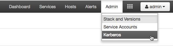 5.1.3. Enabling Kerberos on Ambari Once you have completed the prerequisites, you are ready to enable Kerberos for Ambari. 1. From the Ambari UI, click Admin, and select Kerberos. 2.