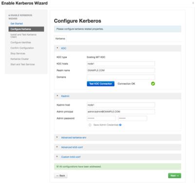 Figure 5.4. Enable Kerberos Wizard c. Click through to Start and Test Services. Let the cluster spin up, but don't worry about starting up Metron via Ambari.