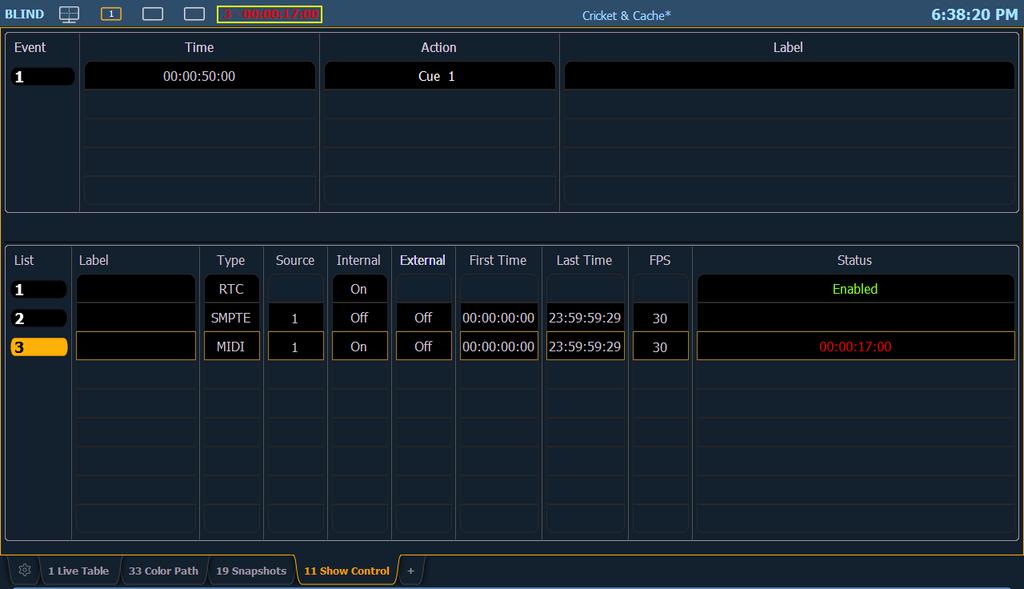 Time Code Eos Family consoles can receive internal or external time code to execute event lists. Time code lists can receive timing data from either SMPTE or MIDI sources.
