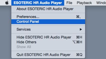 2 Select Control Panel from the ESTOERIC HR Audio Player menu to open the ESOTERIC USB AUDIO Control Panel.