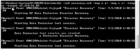 4.4.6 Running the restore process Change directory path to '\Windows\System32\OB2DR\bin'. Run 'omnidr.exe' in Disk Delivery mode (this requires some specific command-line parameters to be specified).