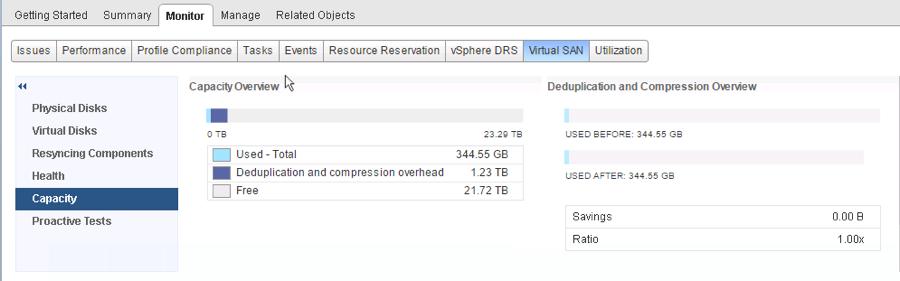 These steps show how to view the capacity summary: Select the VSAN cluster from within the vcenter UI. Select the Monitor tab.