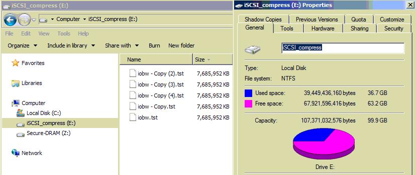 Use compression and thin provisioning with iscsi volume Repeat the same thing above to create an iscsi volume (100GB in size) with both compression and thin provisioning. And then copy the file (iobw.