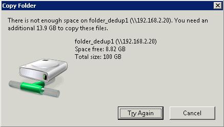 From the client OS viewpoint, you don t feel the deduplication in action. You still see 4 files that take up 96GB space as it normally would do. The free space doesn t get any bigger.