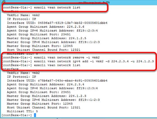 3. Change the master/agent multicast IP addresses by running "esxcli vsan