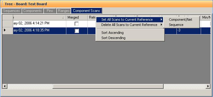 Component Scans Right Clicking (Auxiliary menus) Right clicking on the Column bar of the Component Scans pane displays an additional menu for performing specific tasks such as sorting or globally
