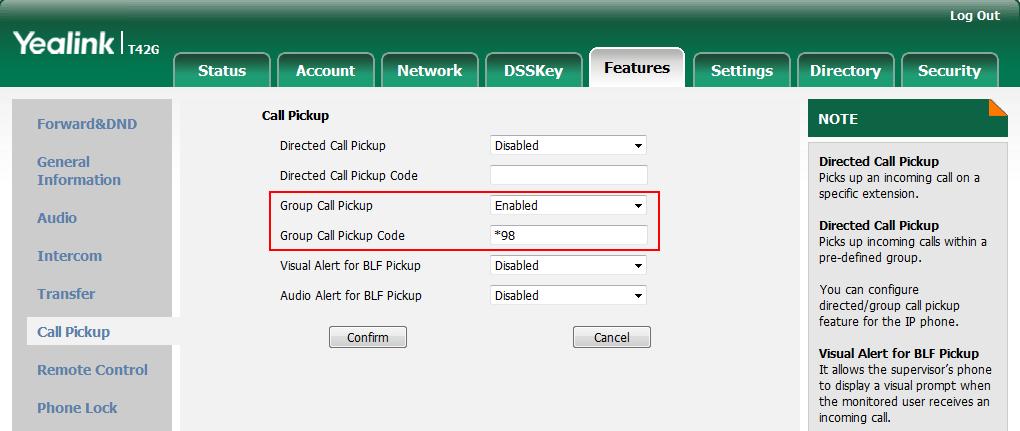 Basic Call Features Group Call Pickup To enable group call pickup and configure the group call pickup code on a global basis via web user interface: 1. Click on Features->Call Pickup. 2.