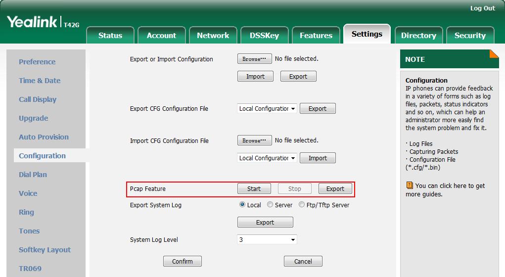 User Guide for the SIP-T42G IP Phone How to export PCAP trace? We may need you to provide a PCAP trace to help analyze your problem. To export a PCAP trace via web user interface: 1.
