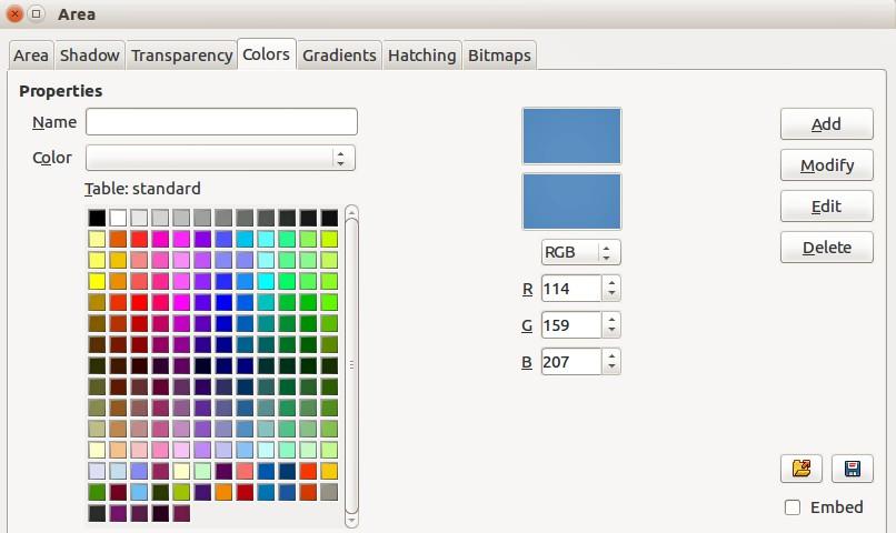 Figure 22: Area dialog Colors page Selecting colors 1) Go to Tools > Options > LibreOffice > Colors (Figure 21) or Format > Area > Colors (Figure 22) on the main menu bar to open a color dialog.