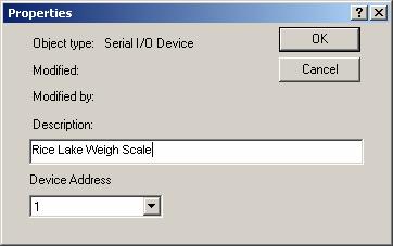 Configure a Serial Device under the Port by doing a Right Mouse click and selecting New Serial Device. The following dialog will appear: Specify the device address and description. Then click OK.