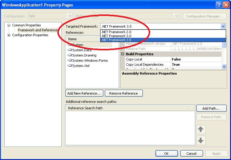 VS2008 - C++ 2. In the WindowsApplication1 Property Pages dialog, click the Common Properties or Framework and References on the left side.