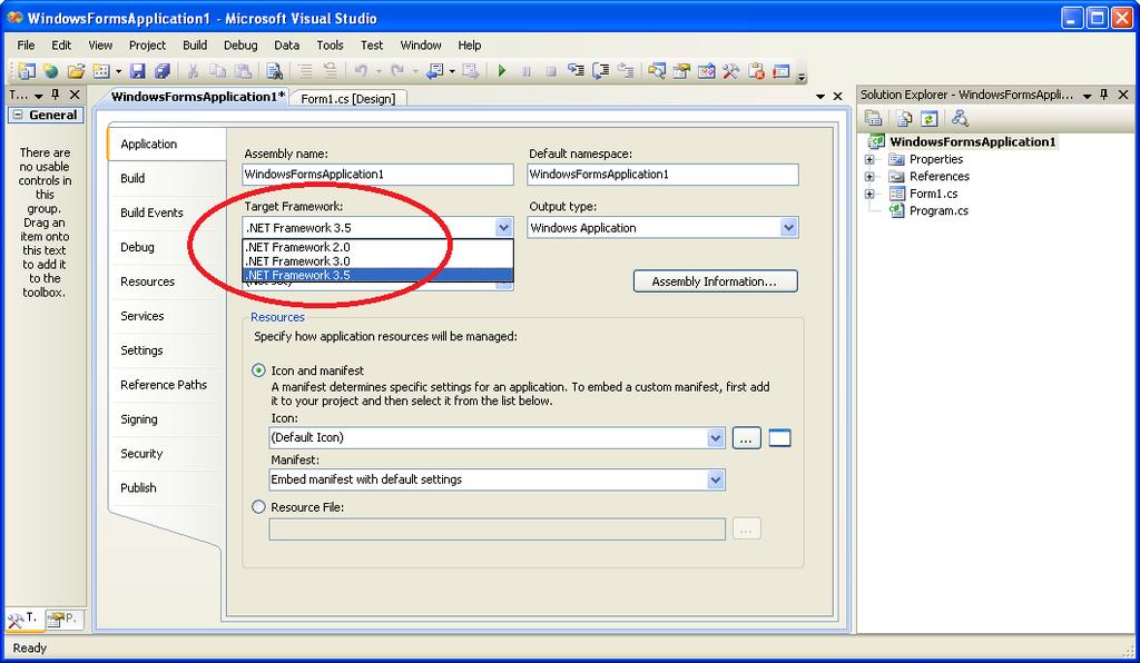 VS2008 - C# 2. In the WindowsFormsApplication1 dialog, make sure the Application tab on the left is selected.