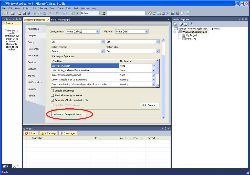 VS2010 - VB (2) In the WindowsApplication1 tab, make sure the Compile tab on the left is selected and click the Advanced