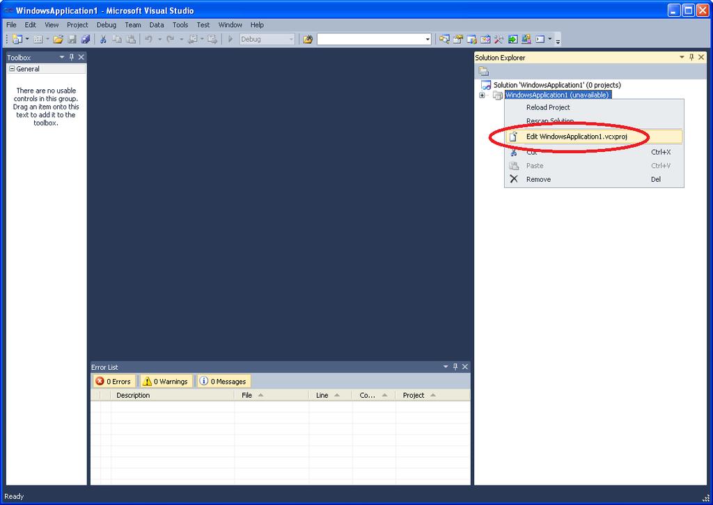 VS2010 - C++ (2) Right-click your project in the Solution Explorer and select Edit