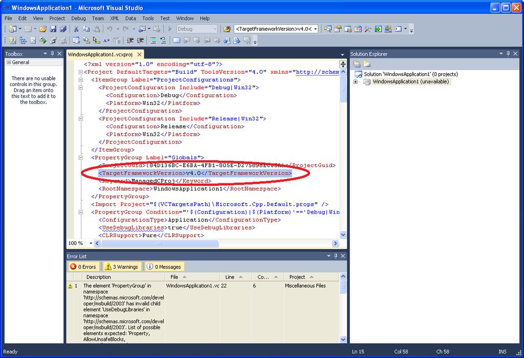 VS2010 - C++ (4) Back in the WindowsApplication1.vxcproj tab, it will find a <TargetFrameworkVersion>v4.0</TargetFrameworkVersion>. You can now change the v4.