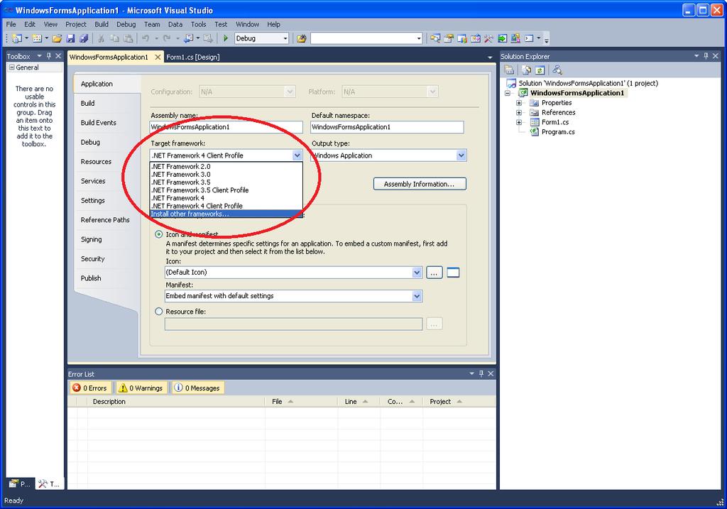 VS2010 - C# (2) In the WindowsFormApplication1 tab, make sure the Application tab is selected on the left side.