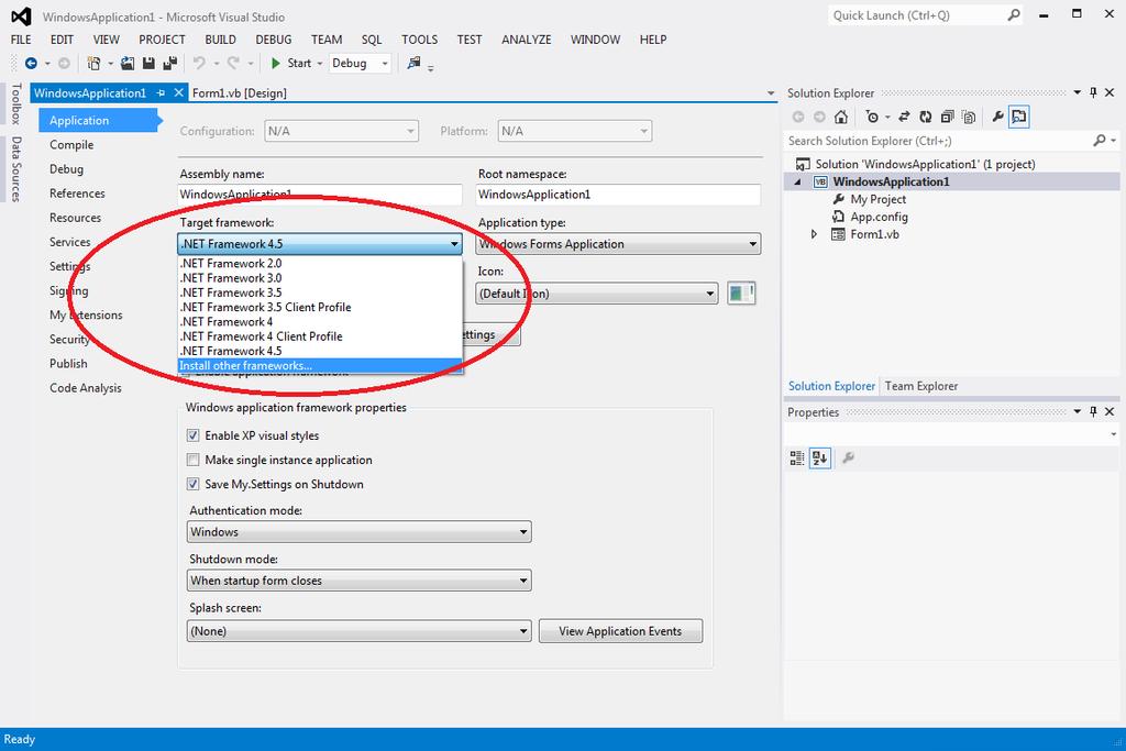 VS2012 - VB 2. In the WindowsApplication1 tab, make sure the Application tab is selected on the left side.