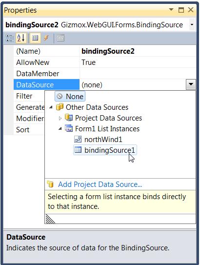 Working with Databases 21. Select bindingsource2 on the form.