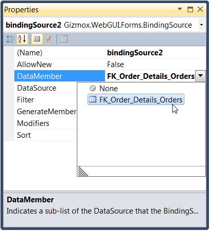 property, click the arrow on the right, and select bindingsource1: In the