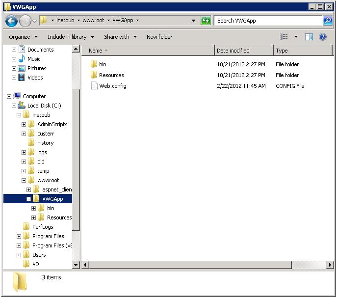 Deploying VWG Application using IIS 7.5 on Windows 2008 R2 Server 2. Locate your VWG project folder, and copy the bin and Resources folders, as well as the Web.