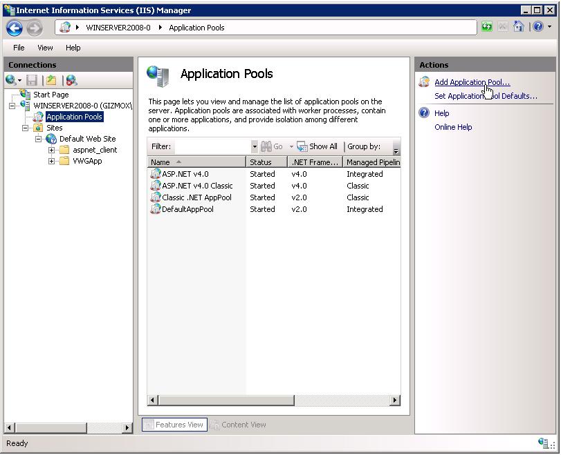 On the Connections pane on the left, expand the server node and select the Application Pools