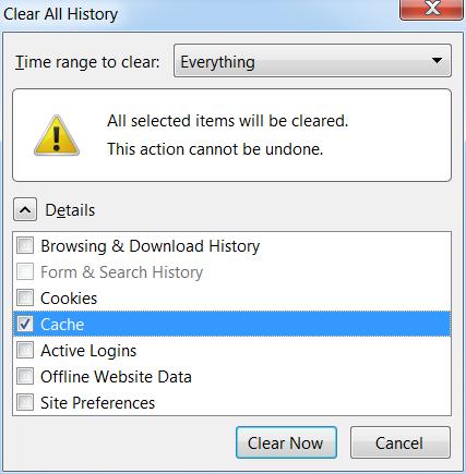 Clearing the Cache of VWG Applications The Clear Recent History dialog box appears: 4.