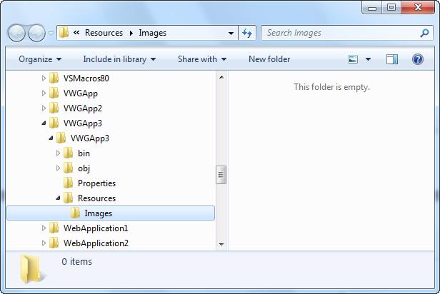 Working with Images and Other Resources 3. To add your images to the project, open the Images sub-folder by right-clicking it, and selecting the Open Folder in Windows Explorer from the context menu.