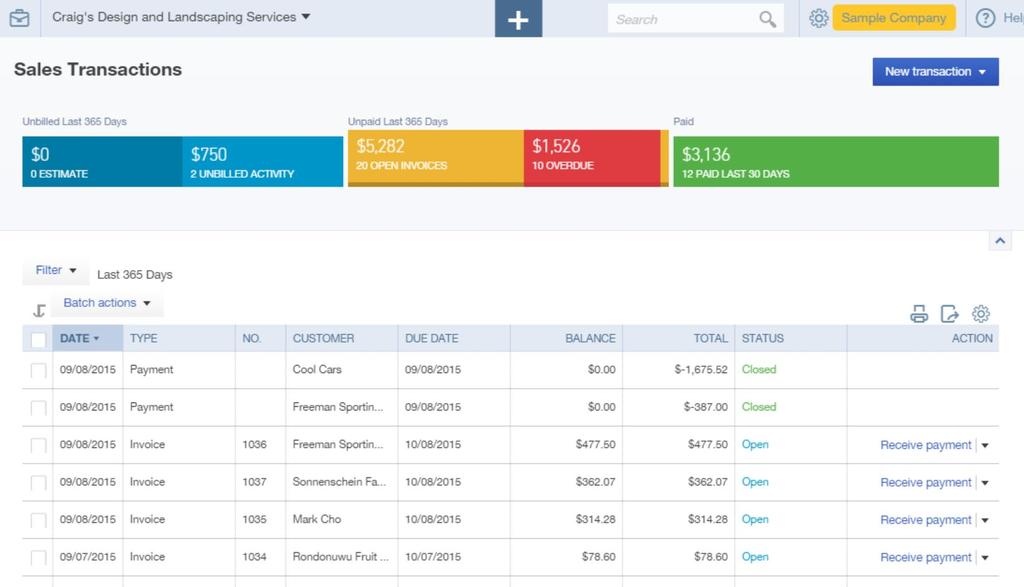 Topic 4: Navigating QuickBooks Online Sales Center The Sales tab shows you a listing of all of your recent sales transactions.