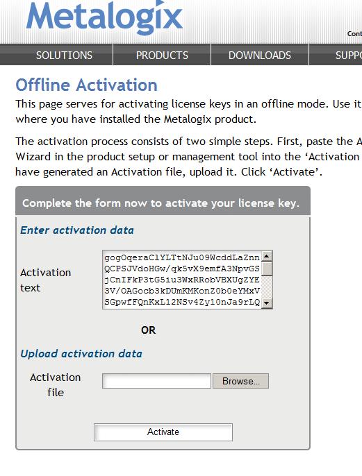 15. Paste the Activation Data in the top field and click the Activate button. 16. You will receive an error if you did not enter a valid registration key or Farm Id.