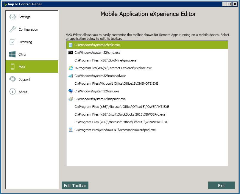 MAX (Mobile Application experience Editor) On the hopto Citrix Server, you can create shortcuts, custom toolbar buttons and menu items for hopto Work Citrix published apps.