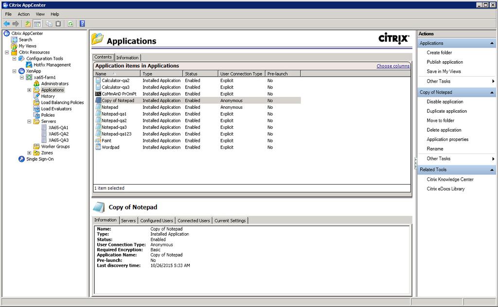 This sample screen shows the published apps in Citrix AppCenter on Xen 6.5.