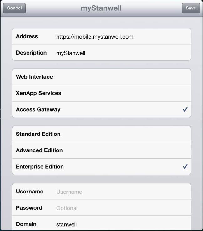 3. The settings page will now launch, ensure the following settings are applied: Address: https://mobile.mystanwell.