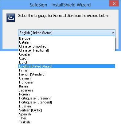 SafeSign Identity Client Setup will first ask you which language you want to use for the installation of SafeSign Identity Client: Figure 2: InstallShield Wizard: Select the language for the